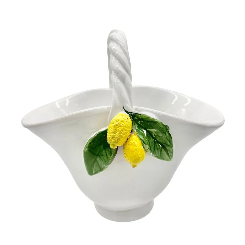 Handmade Ceramic Pottery Basket White with Lemon Leaf Design Vallauris France